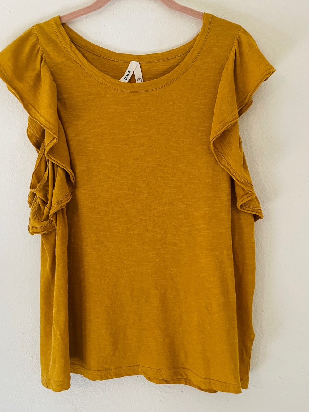 Pact Mustard Yellow Organic Cotton Flutter Sleeve Top M